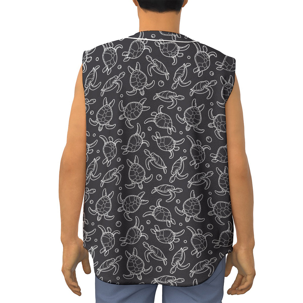 Black And White Sea Turtle Pattern Print Sleeveless Baseball Jersey