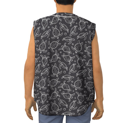 Black And White Sea Turtle Pattern Print Sleeveless Baseball Jersey