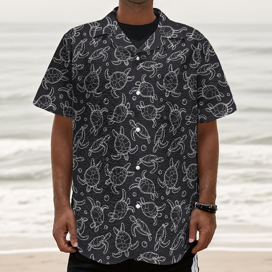 Black And White Sea Turtle Pattern Print Textured Short Sleeve Shirt