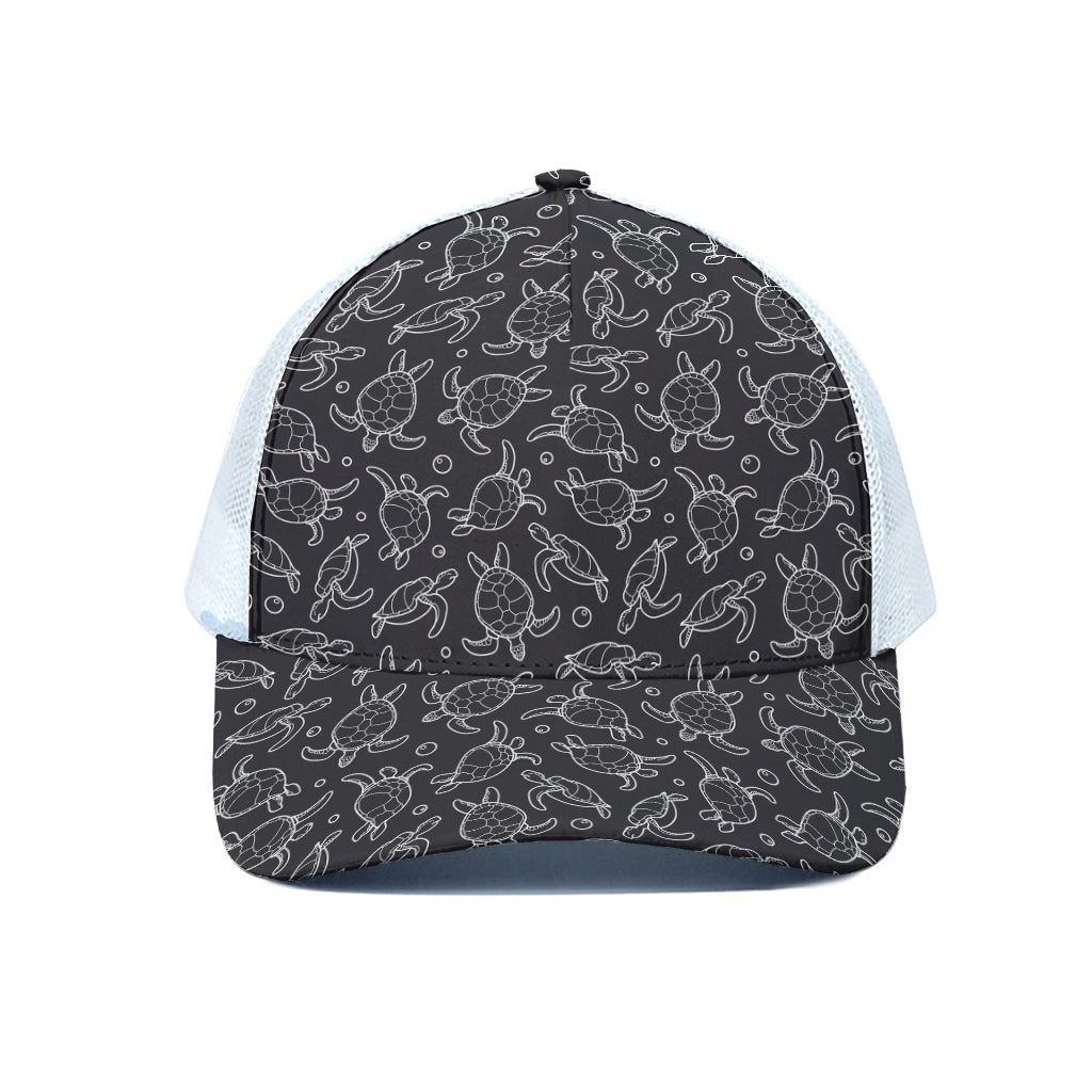 Black And White Sea Turtle Pattern Print White Mesh Trucker Cap