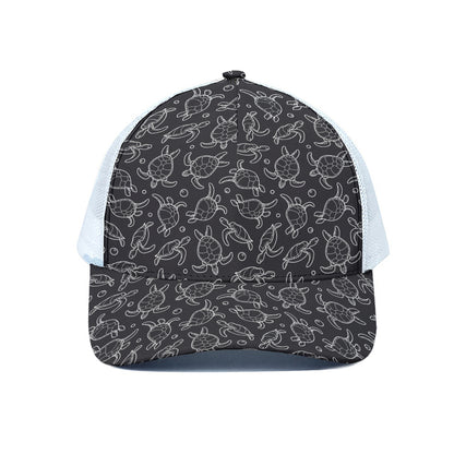 Black And White Sea Turtle Pattern Print White Mesh Trucker Cap