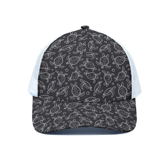 Black And White Sea Turtle Pattern Print White Mesh Trucker Cap