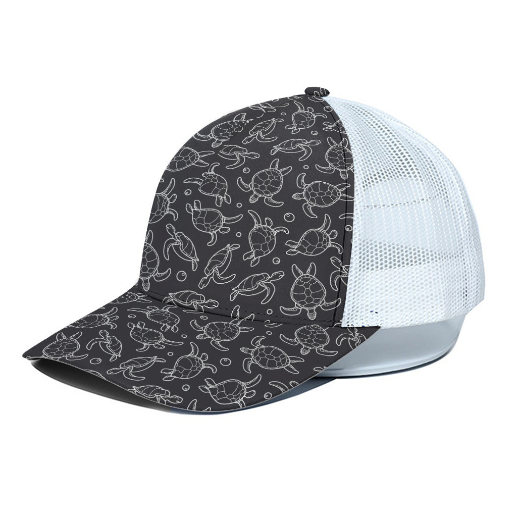 Black And White Sea Turtle Pattern Print White Mesh Trucker Cap