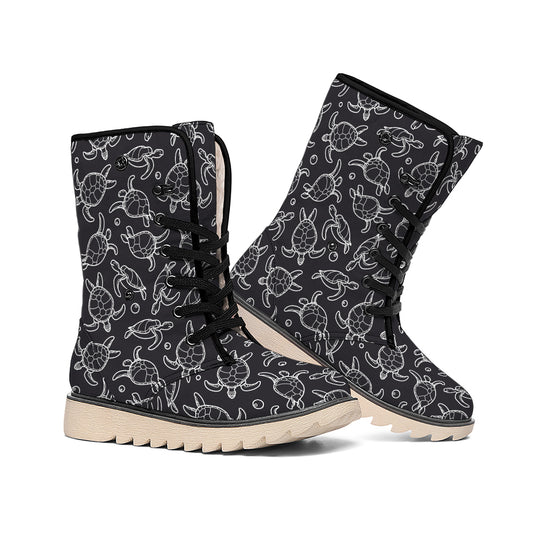 Black And White Sea Turtle Pattern Print Winter Boots