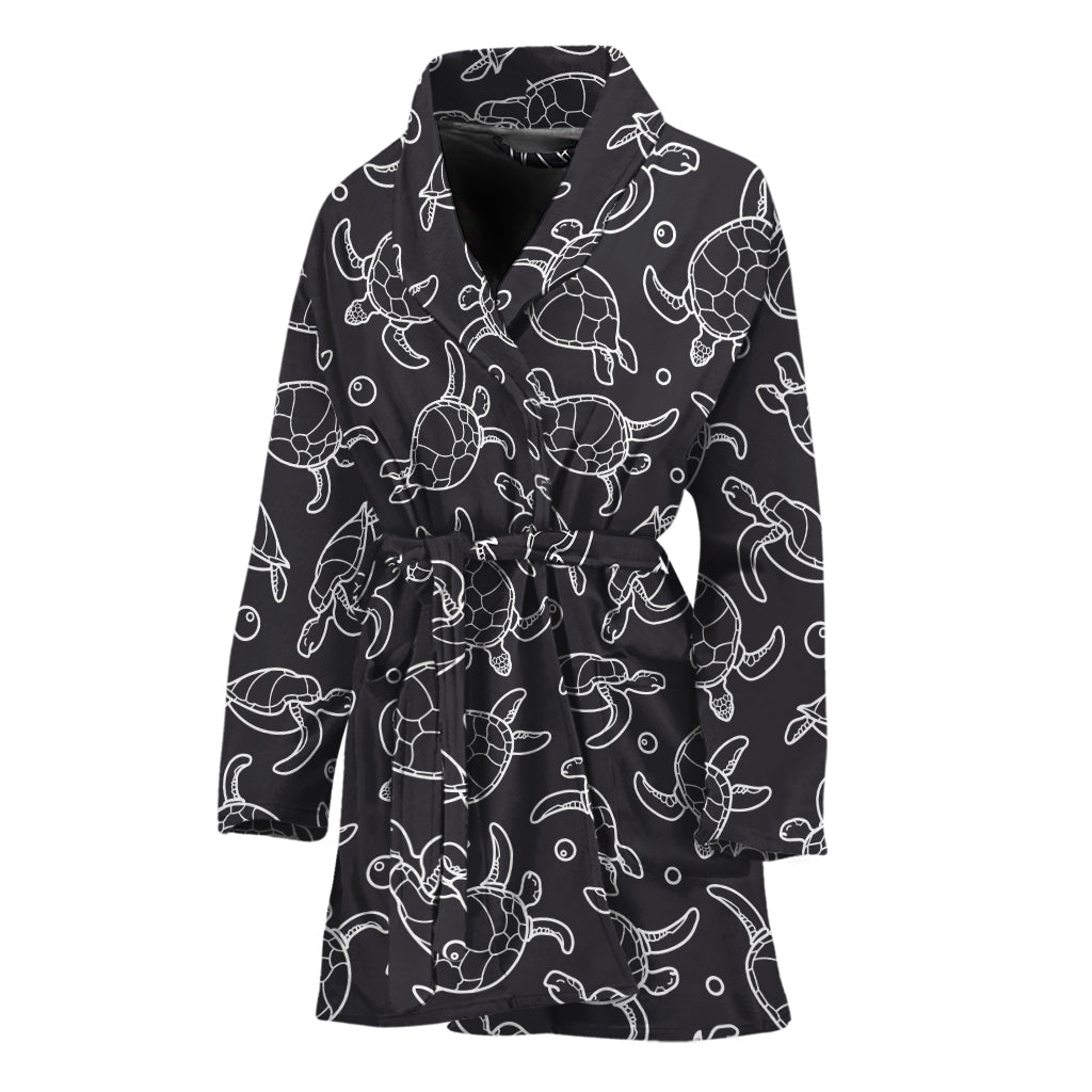 Black And White Sea Turtle Pattern Print Women's Bathrobe