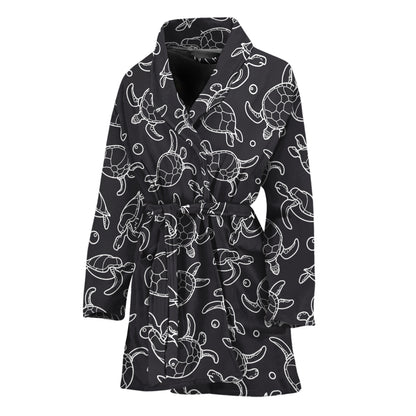 Black And White Sea Turtle Pattern Print Women's Bathrobe
