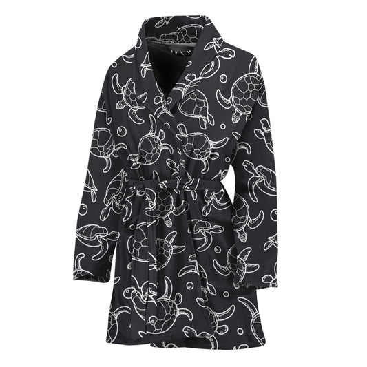 Black And White Sea Turtle Pattern Print Women's Bathrobe