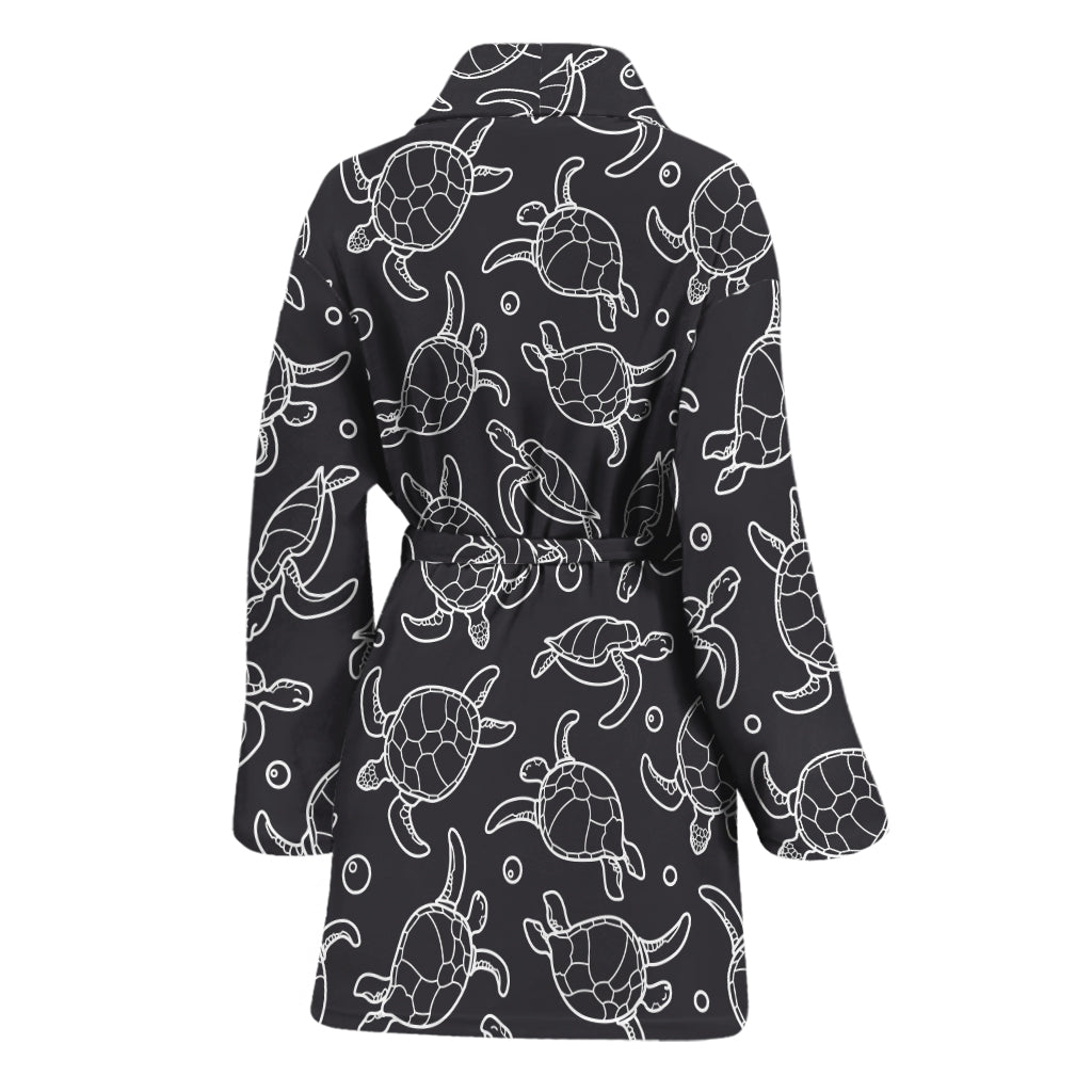 Black And White Sea Turtle Pattern Print Women's Bathrobe