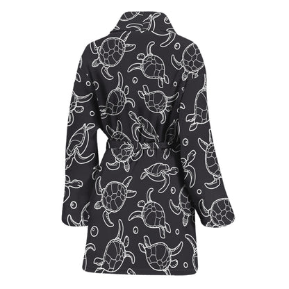 Black And White Sea Turtle Pattern Print Women's Bathrobe