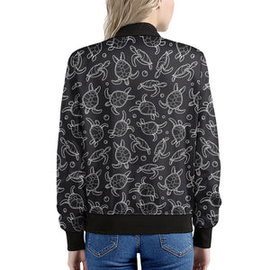Black And White Sea Turtle Pattern Print Women's Bomber Jacket