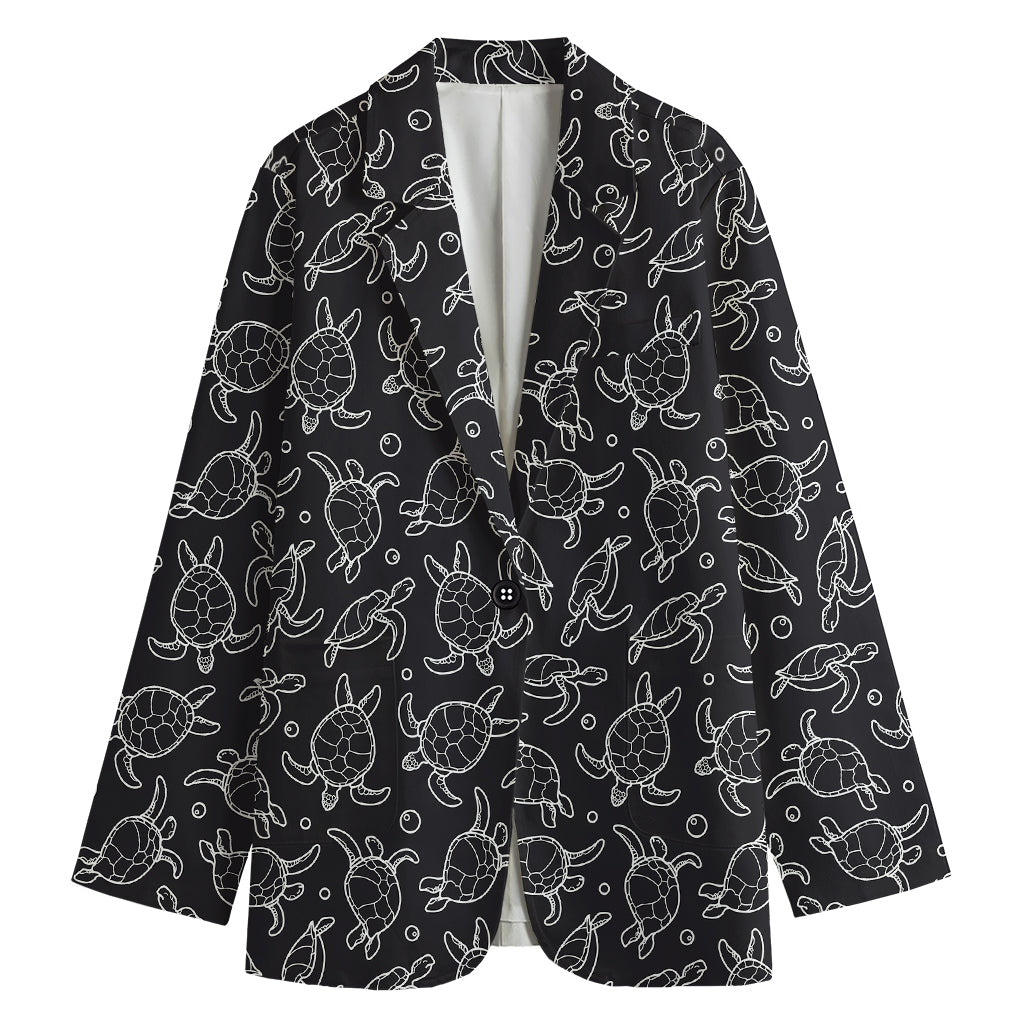Black And White Sea Turtle Pattern Print Women's Cotton Blazer