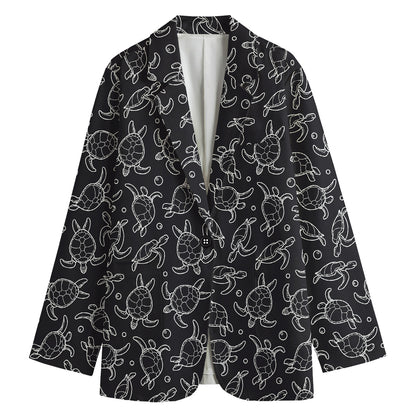 Black And White Sea Turtle Pattern Print Women's Cotton Blazer