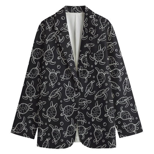 Black And White Sea Turtle Pattern Print Women's Cotton Blazer
