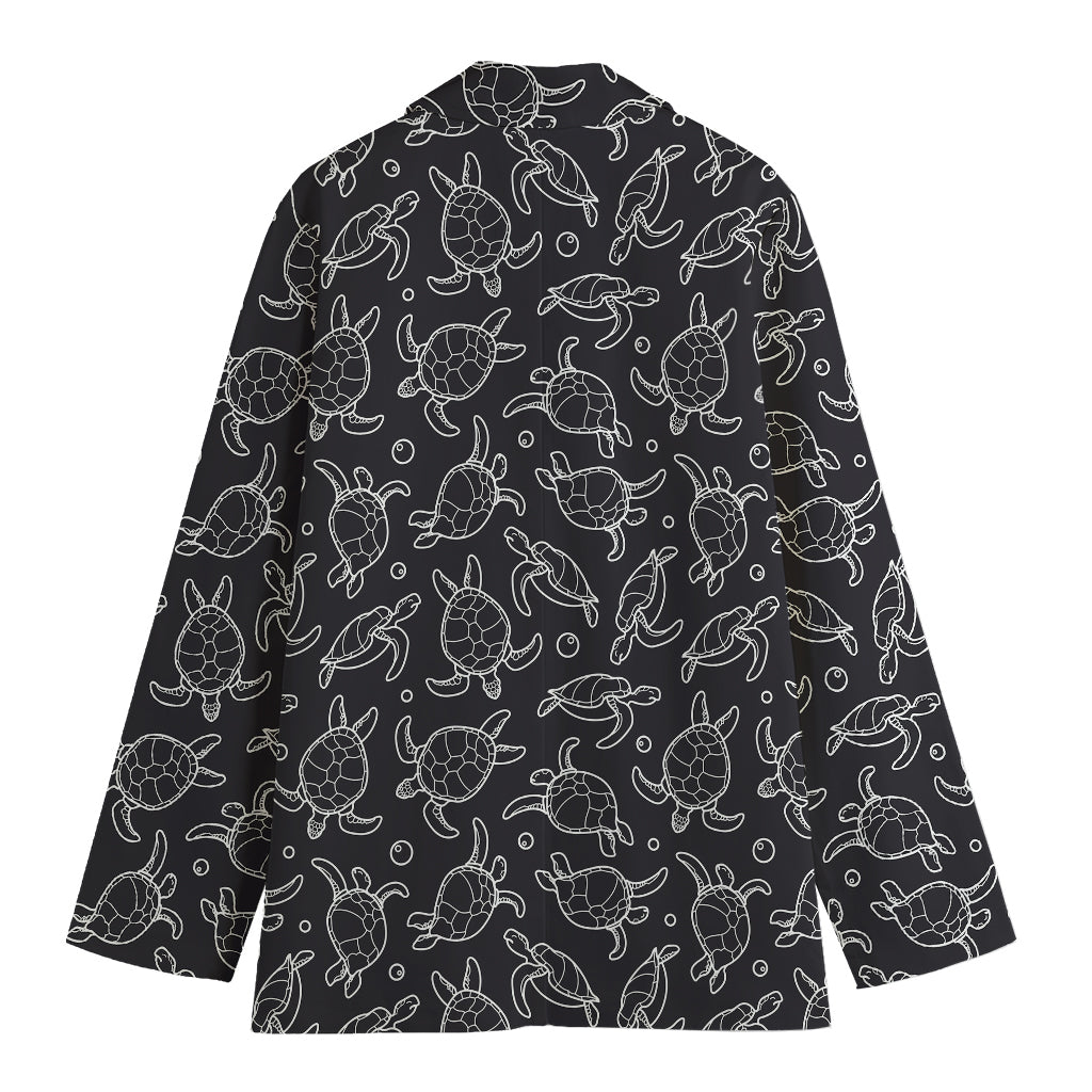 Black And White Sea Turtle Pattern Print Women's Cotton Blazer