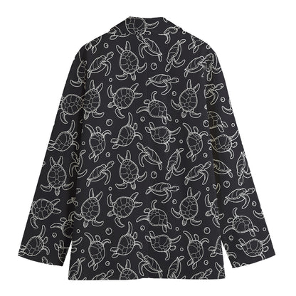 Black And White Sea Turtle Pattern Print Women's Cotton Blazer