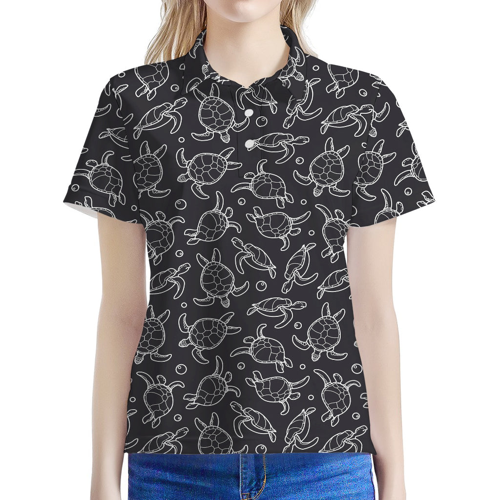 Black And White Sea Turtle Pattern Print Women's Polo Shirt