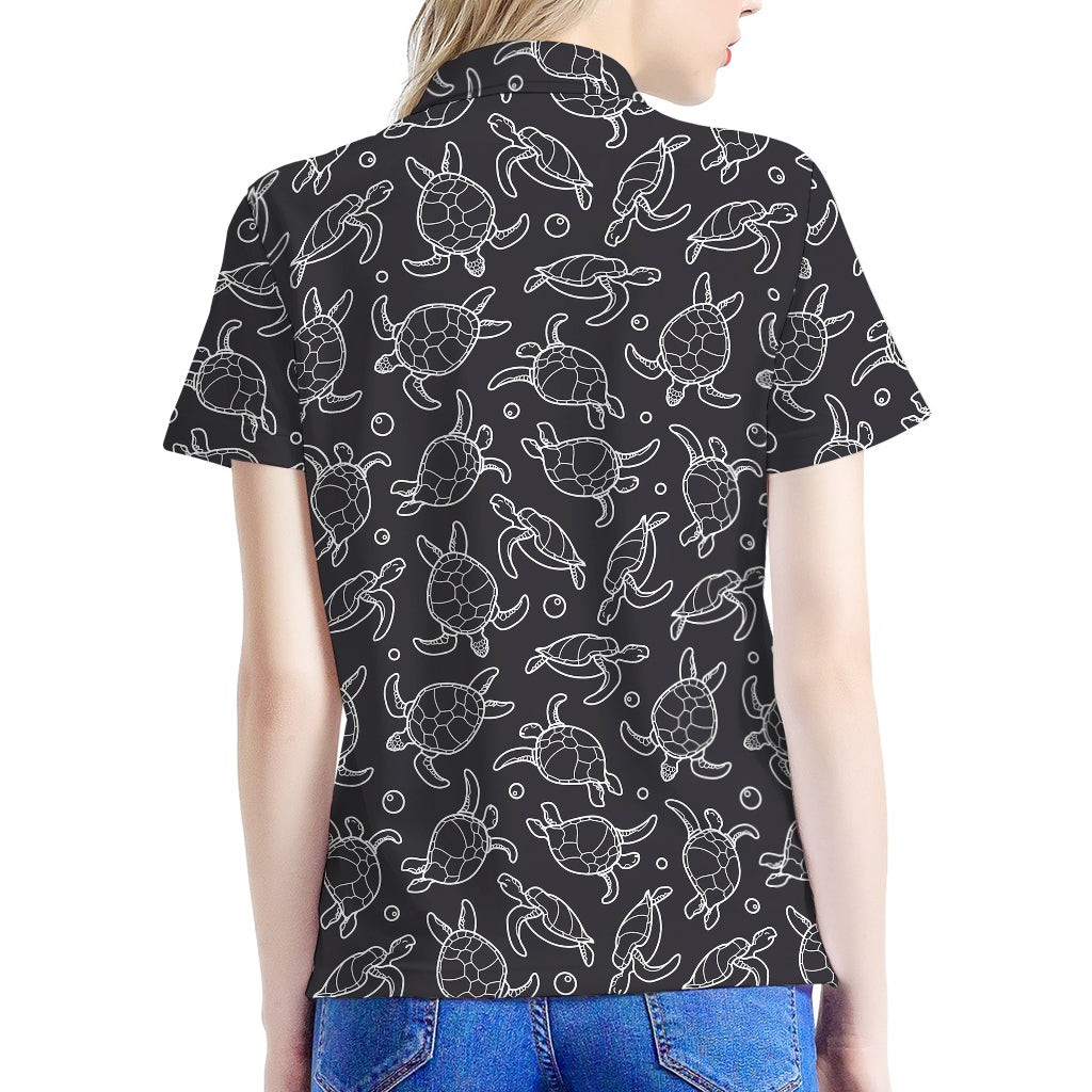 Black And White Sea Turtle Pattern Print Women's Polo Shirt