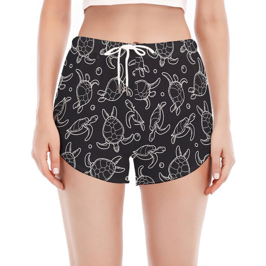 Black And White Sea Turtle Pattern Print Women's Split Running Shorts