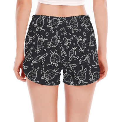 Black And White Sea Turtle Pattern Print Women's Split Running Shorts