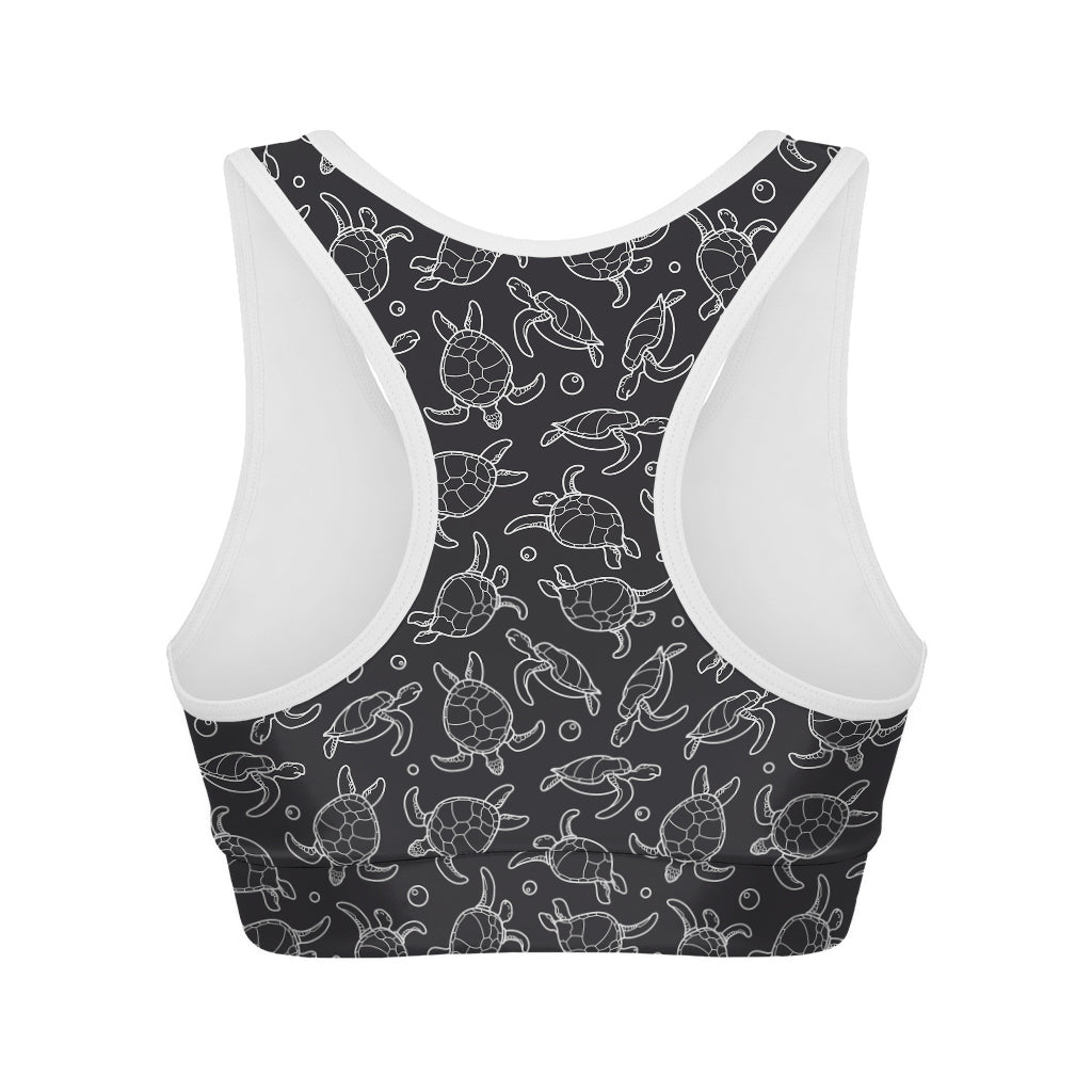 Black And White Sea Turtle Pattern Print Women's Sports Bra