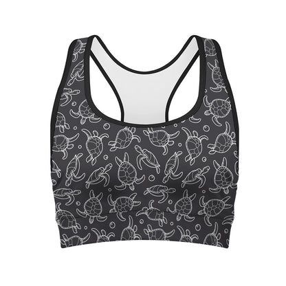 Black And White Sea Turtle Pattern Print Women's Sports Bra
