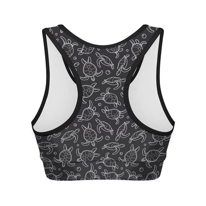 Black And White Sea Turtle Pattern Print Women's Sports Bra