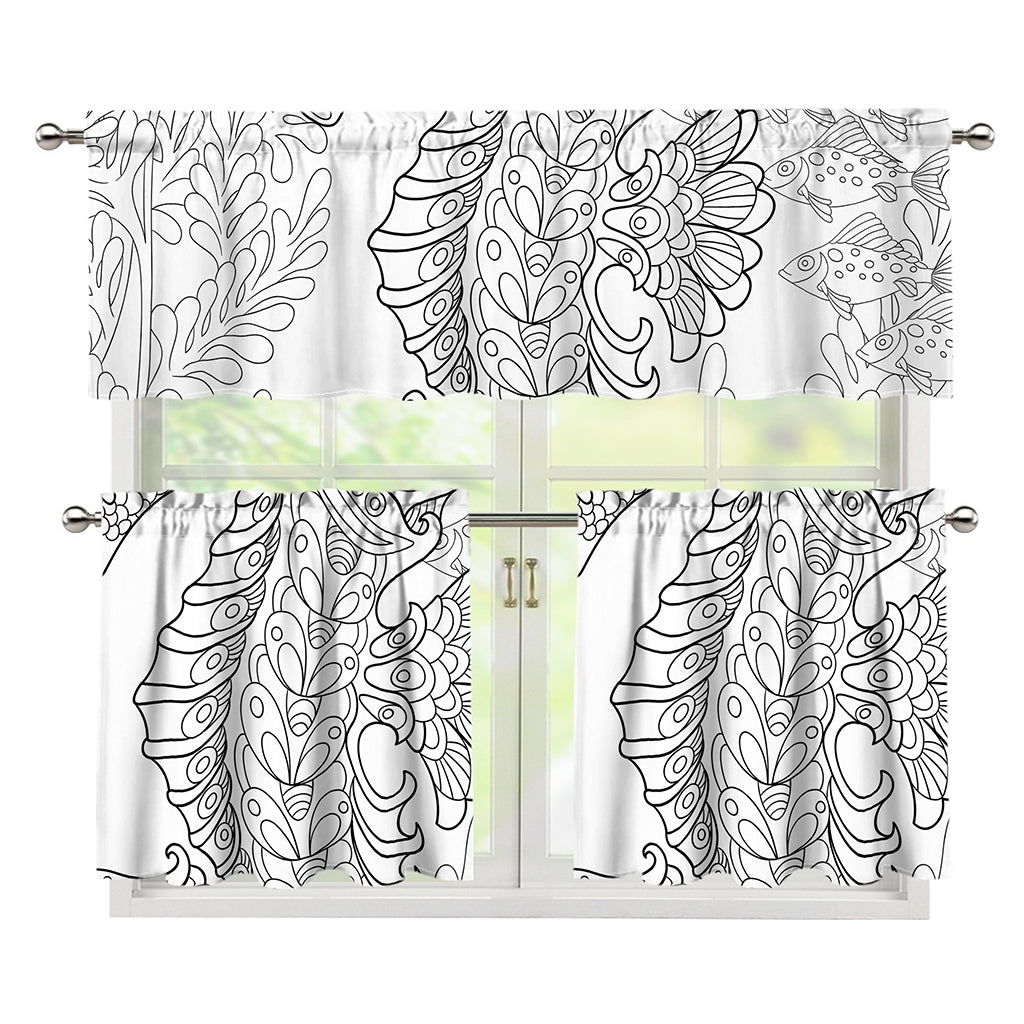Black And White Seahorse Print 3 Piece Kitchen Curtains
