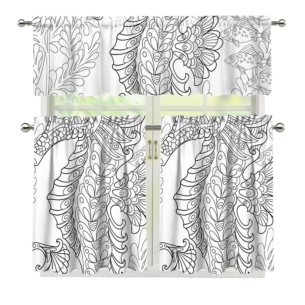 Black And White Seahorse Print 3 Piece Kitchen Curtains
