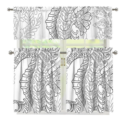 Black And White Seahorse Print 3 Piece Kitchen Curtains