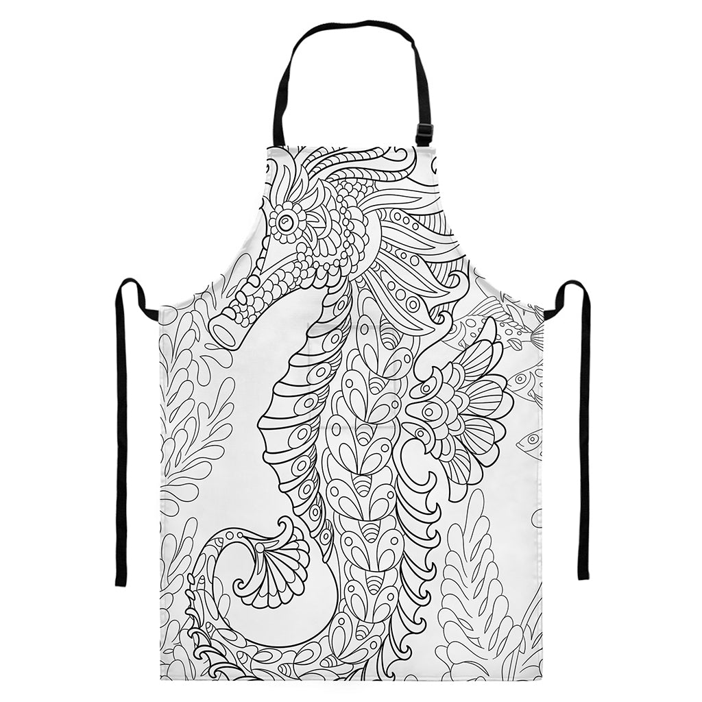 Black And White Seahorse Print Bib Apron With Pocket
