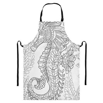 Black And White Seahorse Print Bib Apron With Pocket