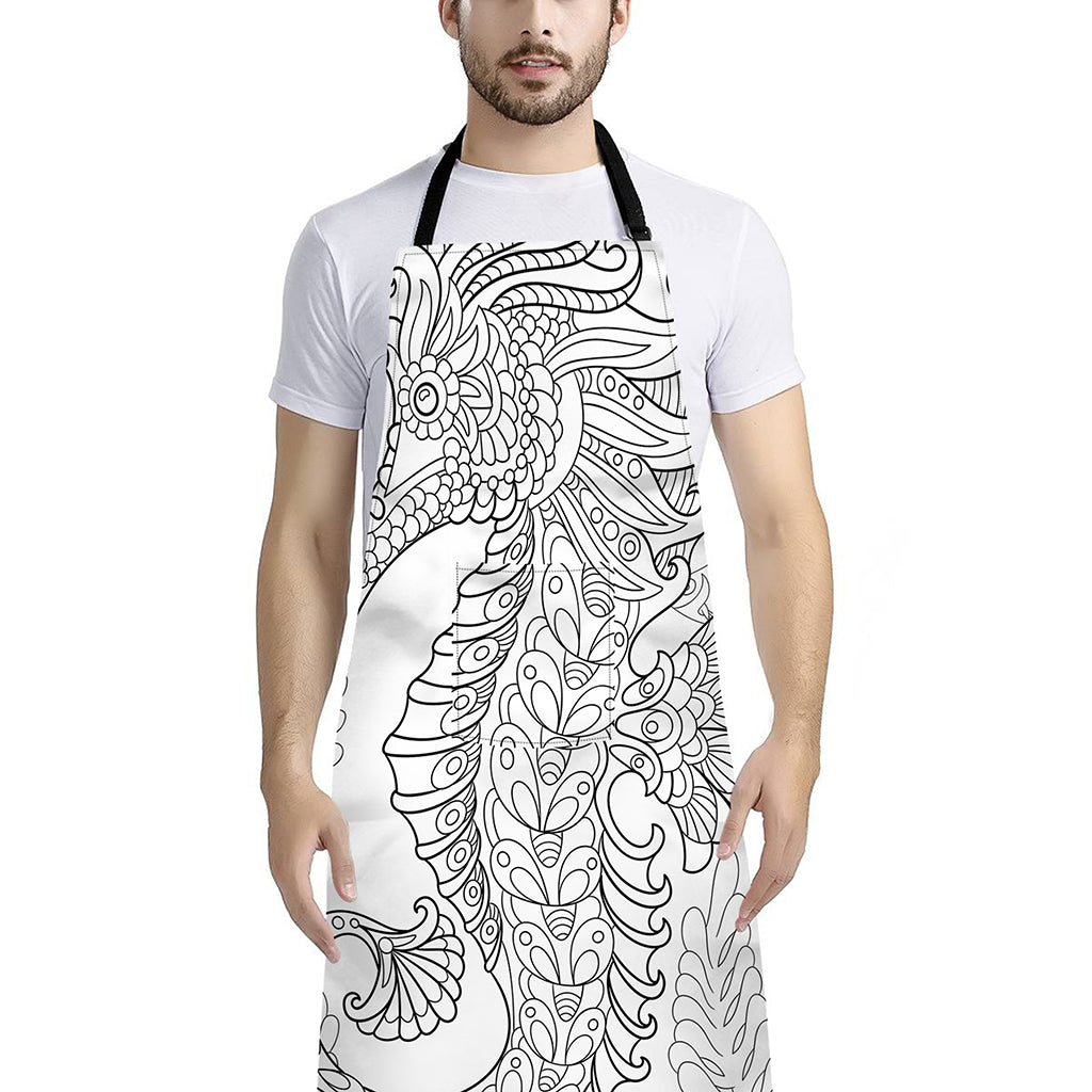 Black And White Seahorse Print Bib Apron With Pocket