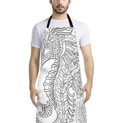 Black And White Seahorse Print Bib Apron With Pocket