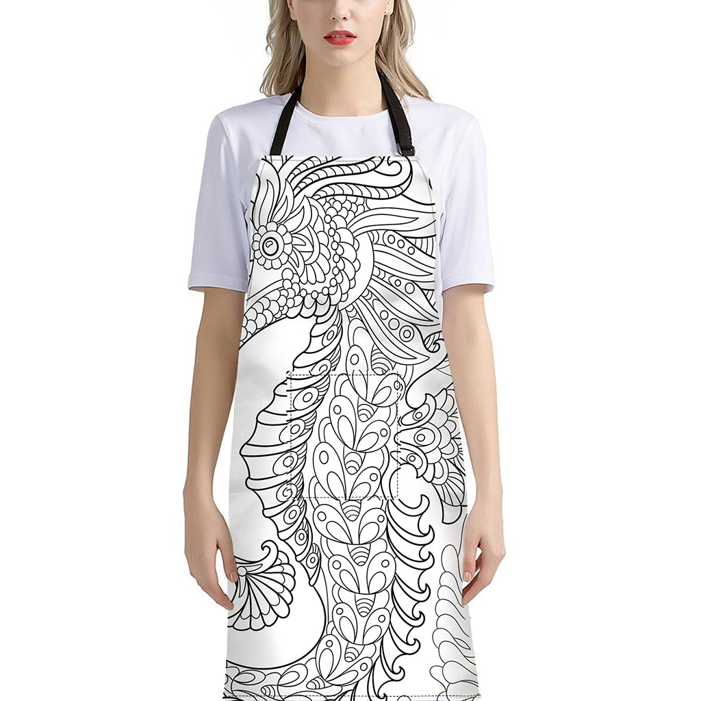 Black And White Seahorse Print Bib Apron With Pocket