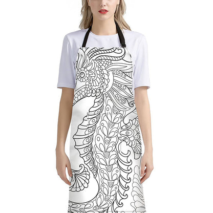 Black And White Seahorse Print Bib Apron With Pocket