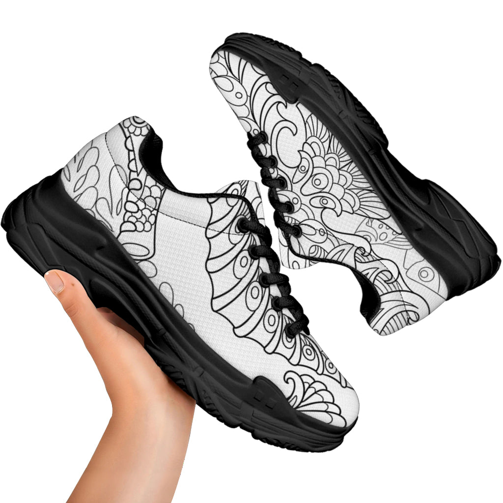 Black And White Seahorse Print Black Chunky Shoes