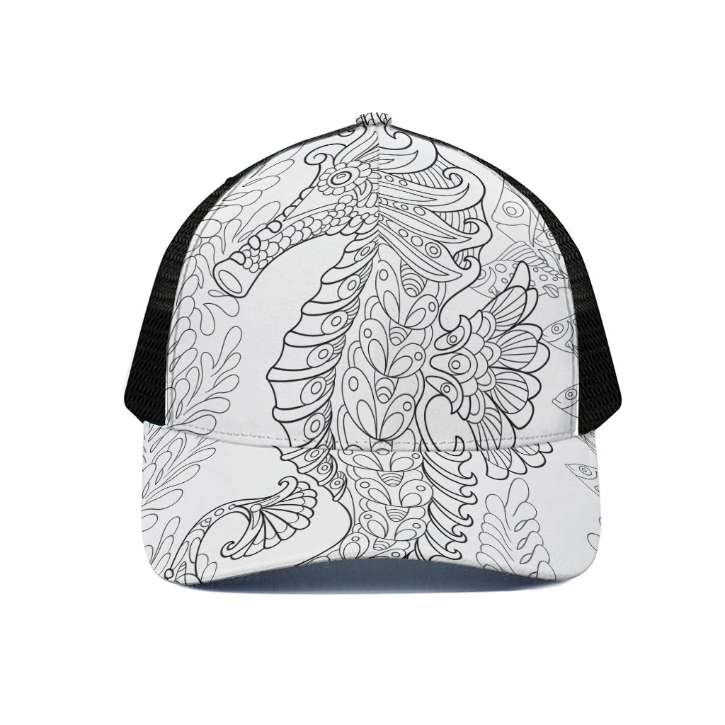 Black And White Seahorse Print Black Mesh Trucker Cap