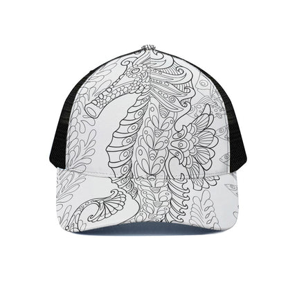Black And White Seahorse Print Black Mesh Trucker Cap