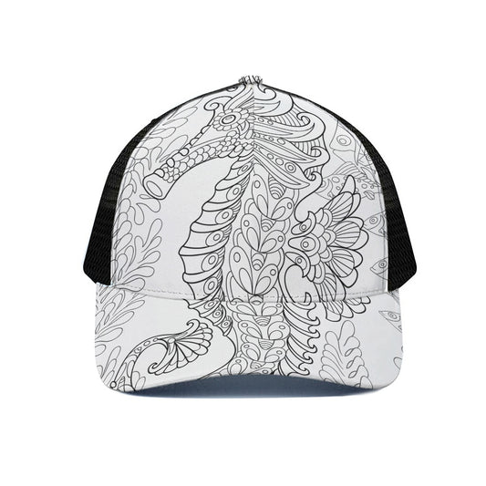 Black And White Seahorse Print Black Mesh Trucker Cap