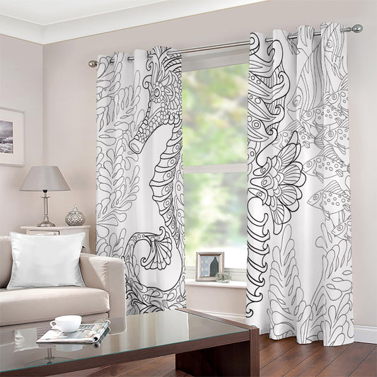 Black And White Seahorse Print Blackout Grommet Curtains