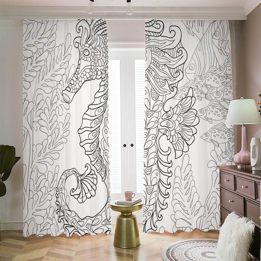 Black And White Seahorse Print Blackout Pencil Pleat Curtains