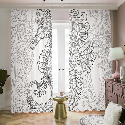 Black And White Seahorse Print Blackout Pencil Pleat Curtains