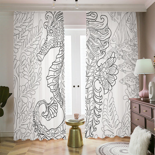 Black And White Seahorse Print Blackout Pencil Pleat Curtains