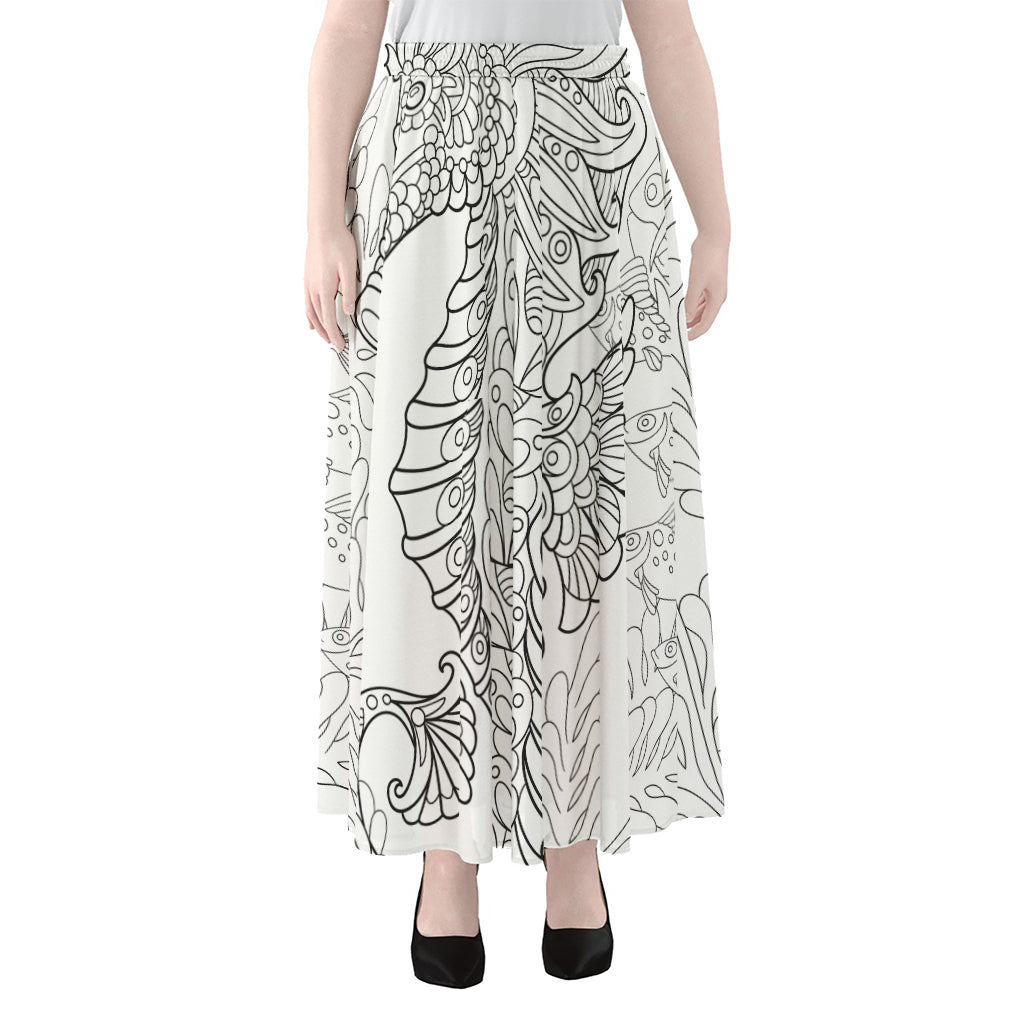 Black And White Seahorse Print Chiffon Maxi Skirt