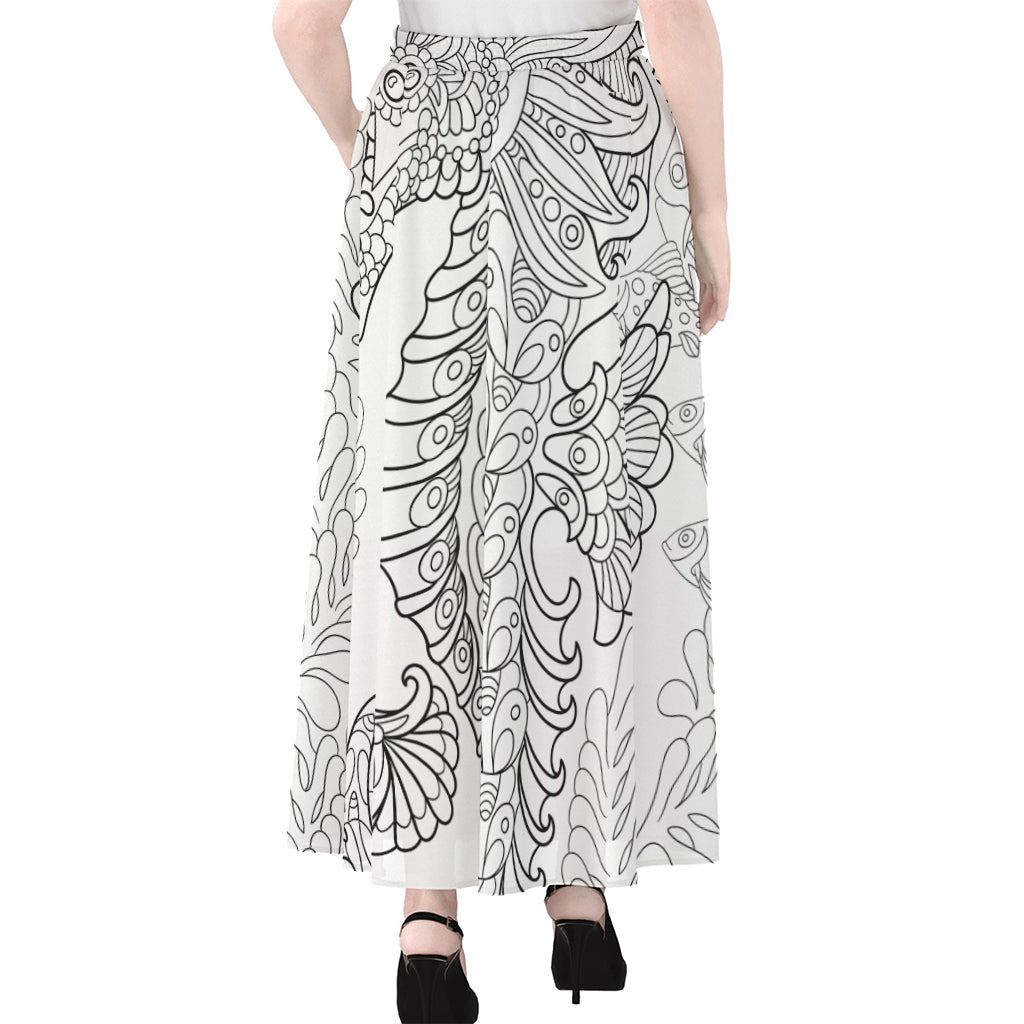 Black And White Seahorse Print Chiffon Maxi Skirt