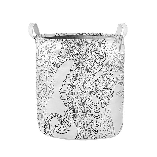 Black And White Seahorse Print Collapsible Laundry Basket