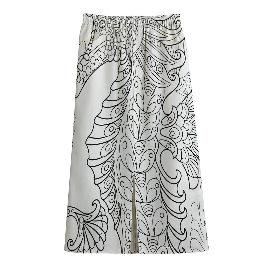 Black And White Seahorse Print Cotton Front Slit Maxi Skirt
