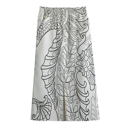 Black And White Seahorse Print Cotton Front Slit Maxi Skirt
