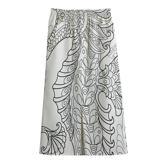 Black And White Seahorse Print Cotton Front Slit Maxi Skirt