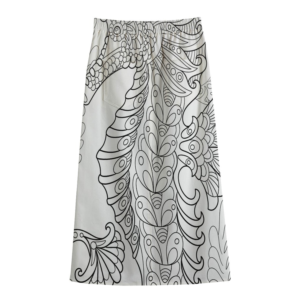 Black And White Seahorse Print Cotton Front Slit Maxi Skirt